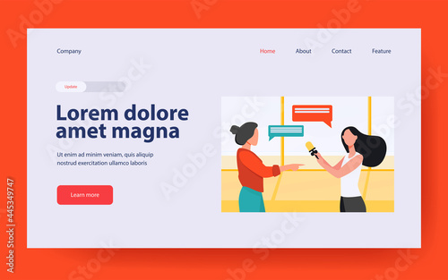 Reporter with microphone interviewing woman. Journalist, presenter, speaker flat vector illustration. Broadcasting, communication, tv concept for banner, website design or landing web page