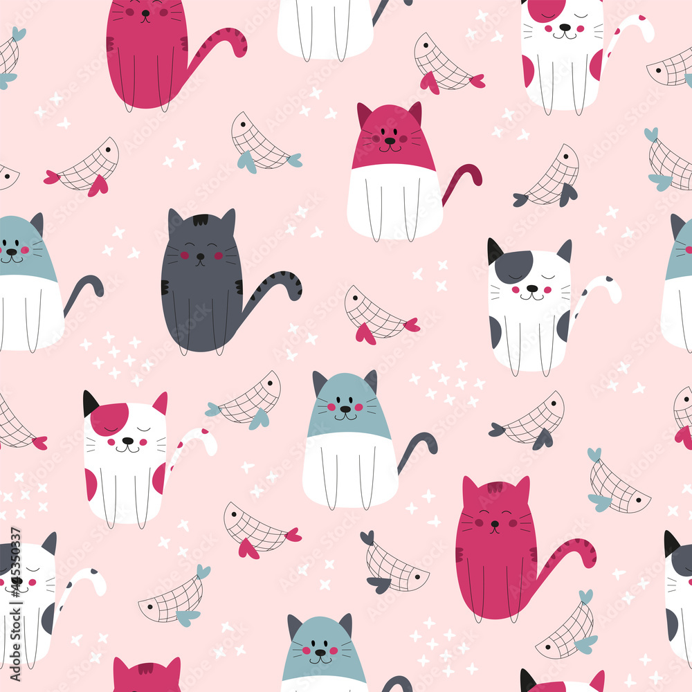 Colorful seamless pattern with cats and fishes Colorful seamless pattern with cats and fishes