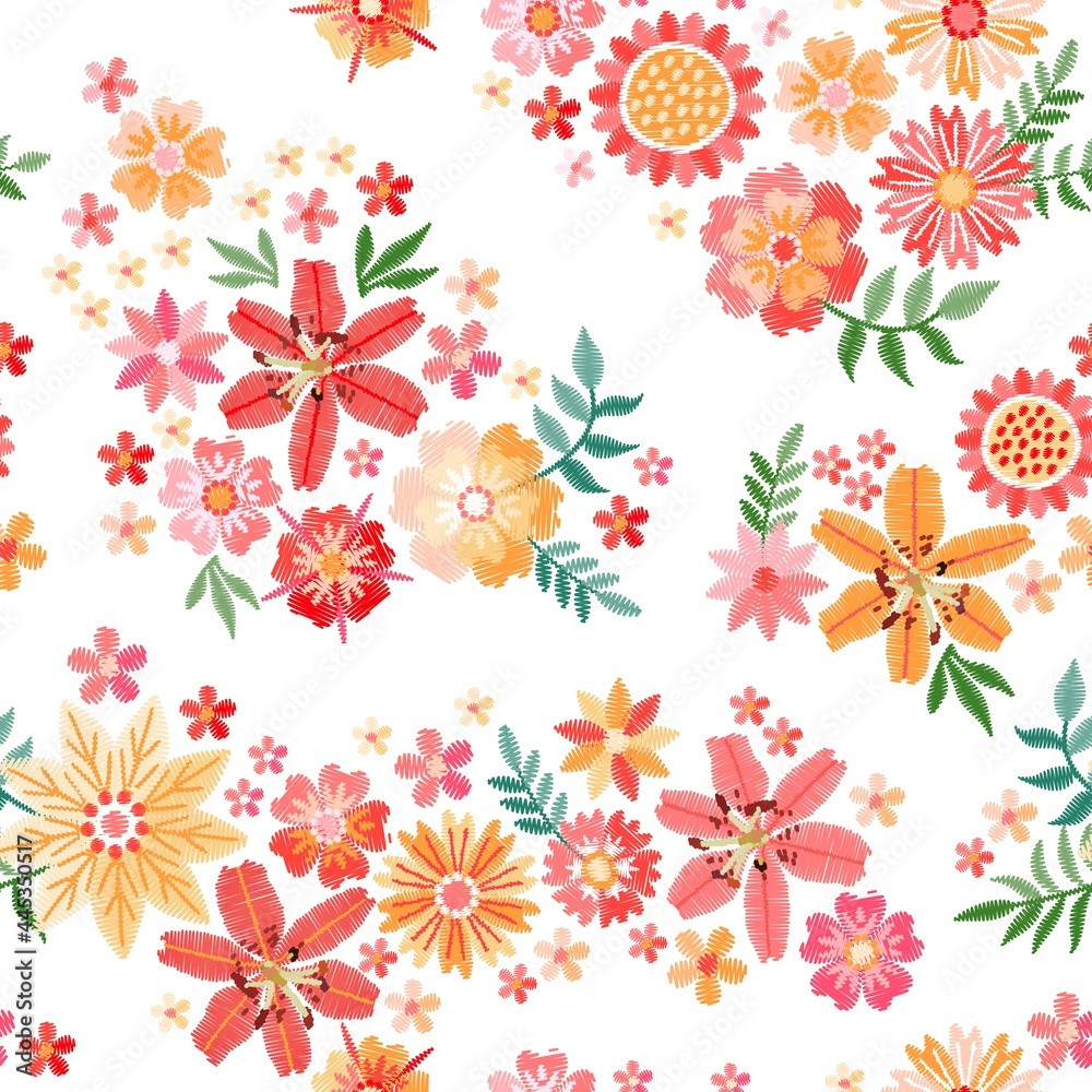 Beautiful embroidery seamless pattern with bouquets of flowers on white background