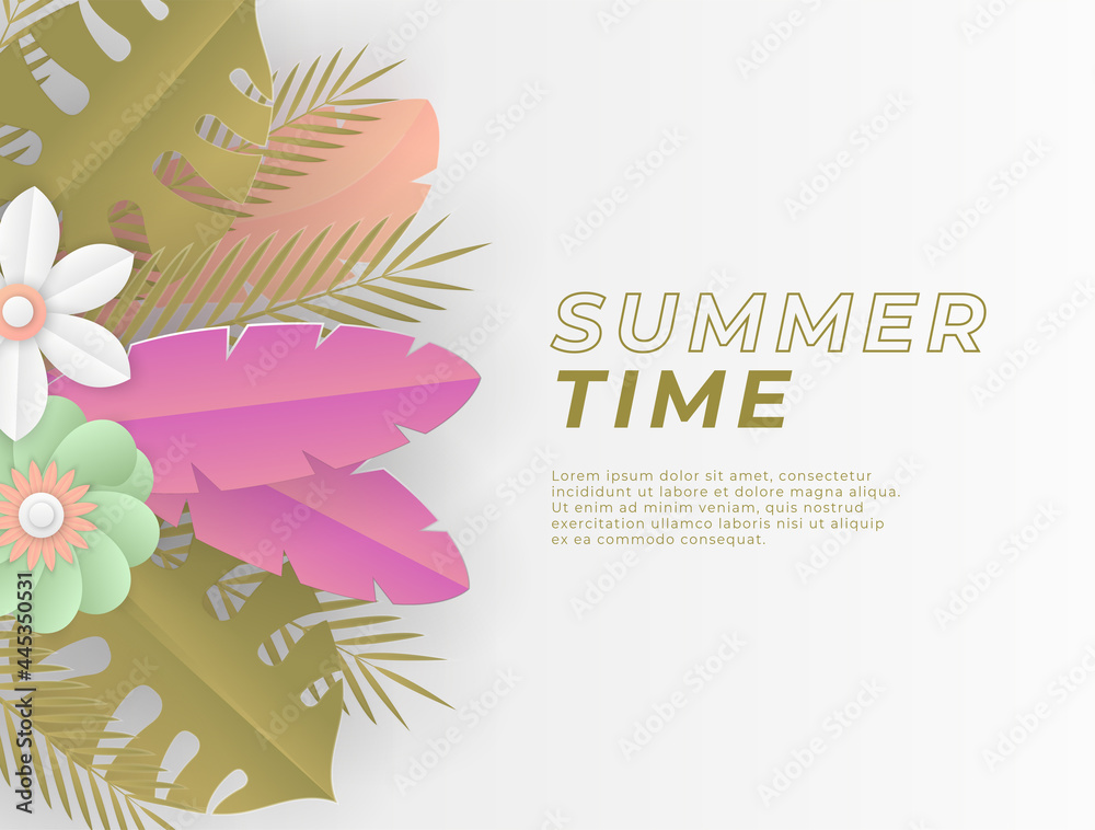 Creative summer sale banner in trendy bright colors with tropical leaves and discount text. Season promotion gradient illustration.