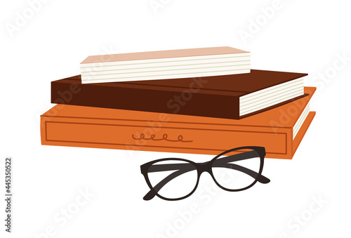 Vector illustration of the stack of books with glasses, isolated on white. Hand-drawn set. Objects for learning, reading, school tools. Suitable for book shops, and publishing houses.