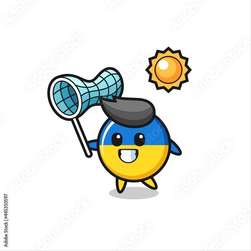 ukraine flag badge mascot illustration is catching butterfly
