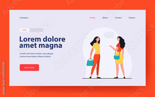 Happy friendly women talking outside. Female friends accidental meeting flat vector illustration. Communication, public place concept for banner, website design or landing web page