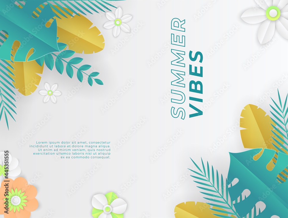 Colorful summer tropical background vector. Palm leaves, monstera leaf, Botanical background design for wall framed prints, wall art, invitation, canvas prints, poster, home decor, cover, wallpaper.