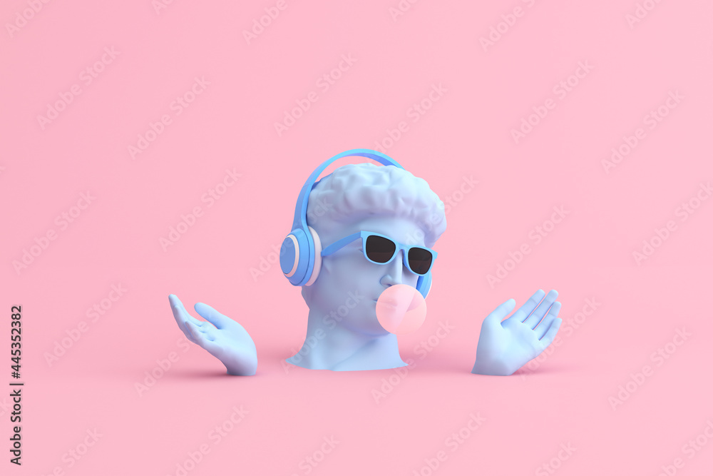 Fototapeta Minimal scene of sunglasses and headphone on human head sculpture, Music concept, 3d rendering.