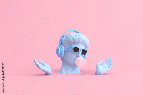 Minimal scene of sunglasses and headphone on human head sculpture, Music concept, 3d rendering. photo
