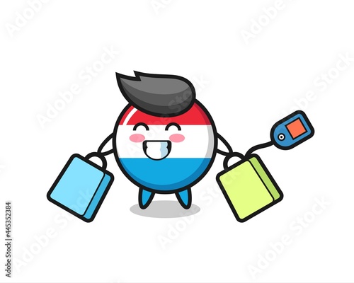 luxembourg flag badge mascot cartoon holding a shopping bag