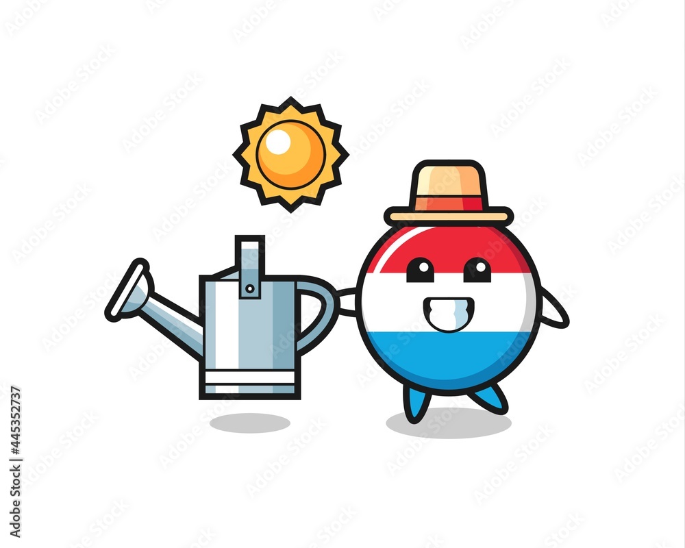 Cartoon character of luxembourg flag badge holding watering can