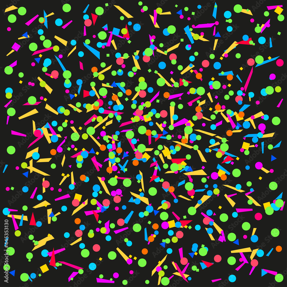 Confetti on isolated black background. Geometrical pattern with glitters. Texture for design. Print for banners, posters, flyers and textiles. Greeting cards