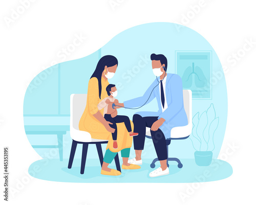 Mom and toddler appointment to doctor 2D vector isolated illustration. Diagnosing lung disorders in children with stethoscope flat characters on cartoon background. Well-child visit colourful scene