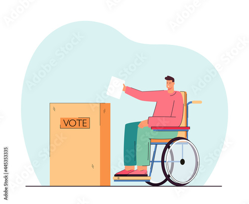 Disabled person on wheelchair putting voting paper in ballot box. Handicapped man at polling station flat vector illustration. Election, accessibility, government concept for banner, website design