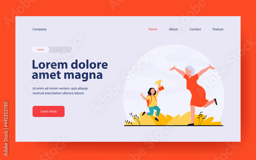 Grandparent congratulating grandchild with victory in contest. Emotions, cup. Flat vector illustration. Contest concept can be used for presentations, banner, website design, landing web page