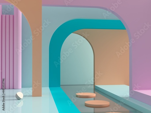 3d render. Abstract cosmetic background. Show a product. Empty scene with arches  water and spherical lights  in the floor. Pastel colors minimal wall. Fashion showcase  display case  shopfront.