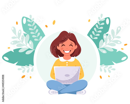 Girl studying with computer. Online learning, back to school concept. Vector illustration