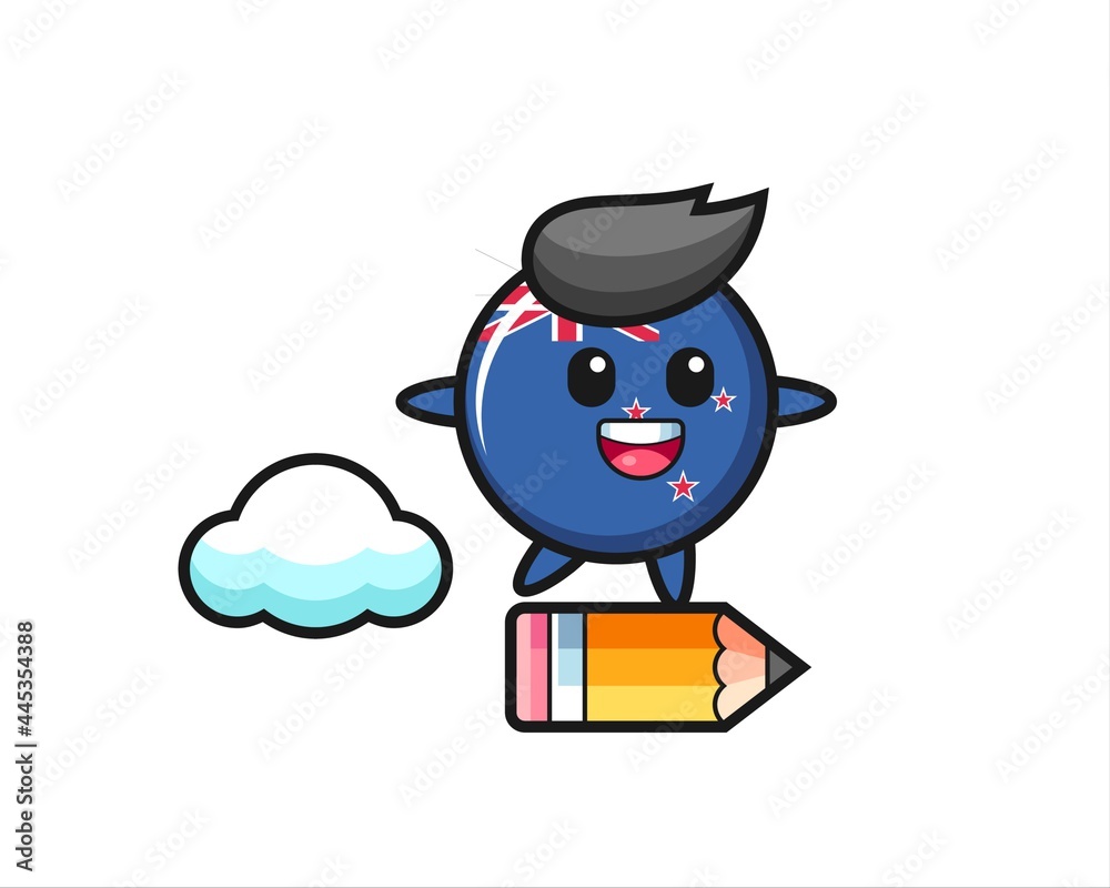new zealand flag badge mascot illustration riding on a giant pencil