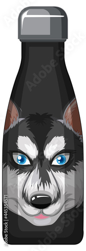 A black thermos bottle with siberian husky pattern