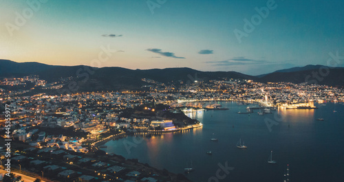 Night view of Bodrum center illuminated in the south of Turkey. Bodrum castle in the night