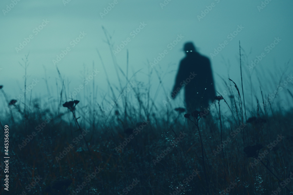 A horror concept. Looking up through grass in a field at a scary supernatural entity with glowing eyes. On a moody evening. - obrazy, fototapety, plakaty 