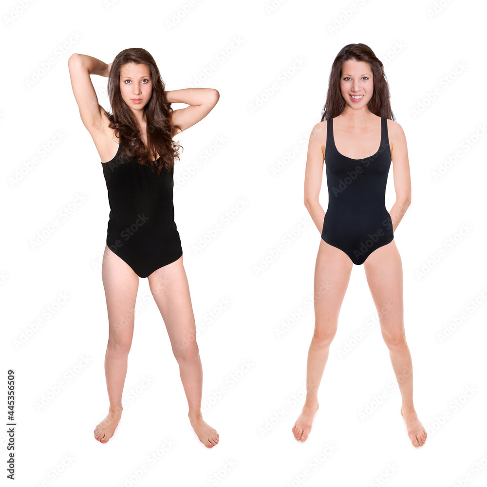 Two full length portraits of a beautiful young woman wearing a black bathing suit, studio photo isolated in front of white background Two full length portraits of a beautiful young woman wearing a black bathing suit, studio photo isolated in front of white background