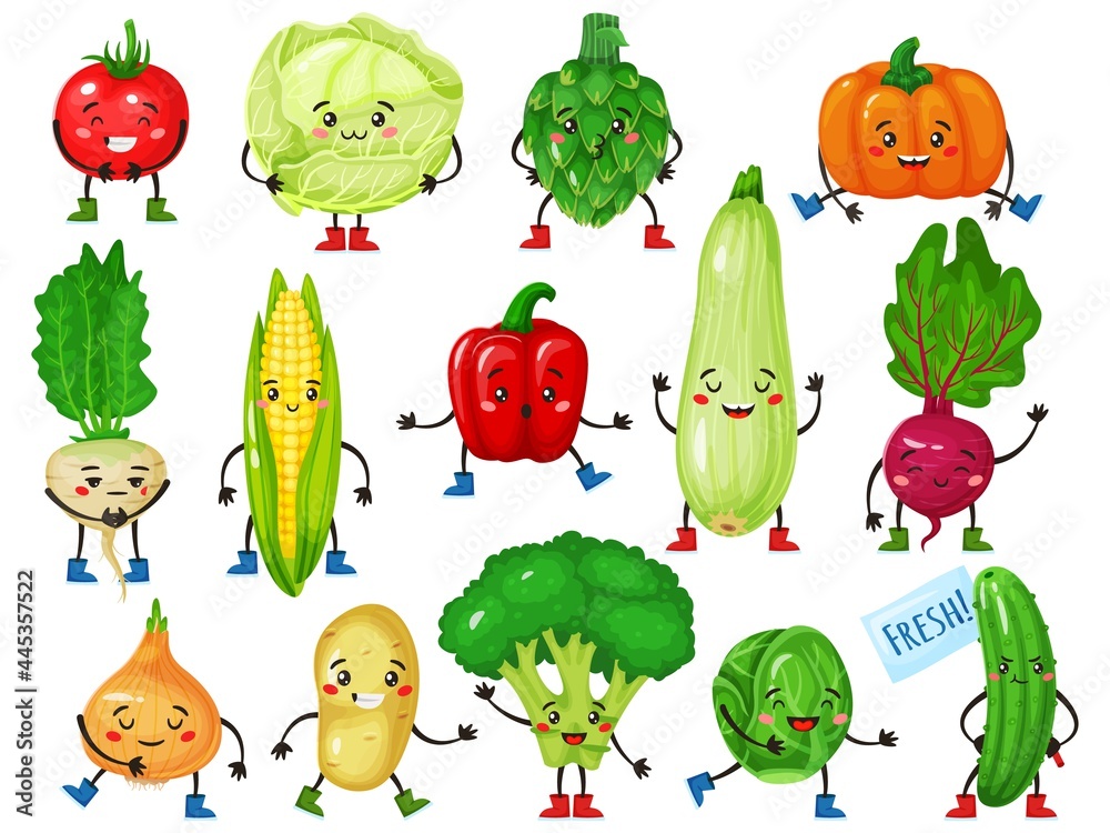 Vegetable characters. Cute broccoli, tomato, pumpkin, cucumber, corn, cabbage with smiling faces. Funny vegetables mascot character vector set. Farm veggies with vitamins for vegans Vegetable characters. Cute broccoli, tomato, pumpkin, cucumber, corn, cabbage with smiling faces. Funny vegetables mascot character vector set. Farm veggies with vitamins for vegans