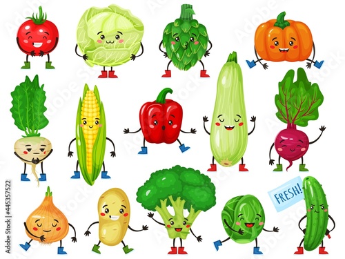 Vegetable characters. Cute broccoli, tomato, pumpkin, cucumber, corn, cabbage with smiling faces. Funny vegetables mascot character vector set. Farm veggies with vitamins for vegans