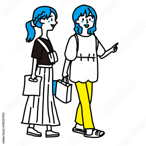 買い物をしている若い二人の女性のイラスト