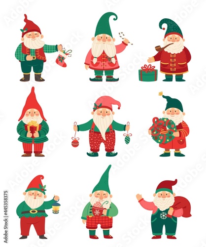 Christmas gnomes. Cute elf dwarfs with winter holiday elements gifts, socks, holly berries. Flat cartoon xmas gnome character vector set. Magic fairytale characters with presents and candy
