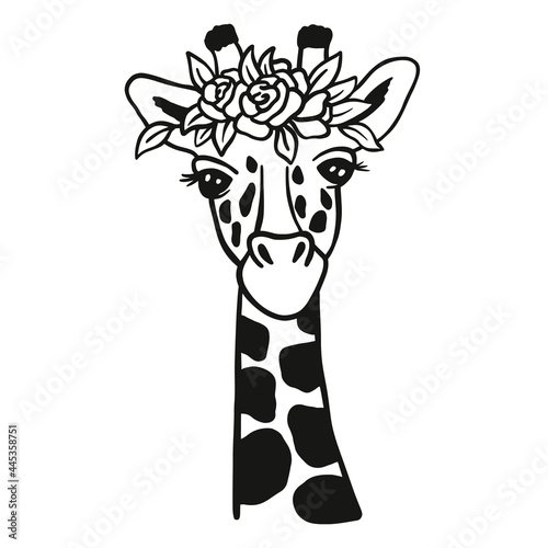 Cute lady giraffe. Monochrome illustration head with flowers. Vector image the giraffe on white background