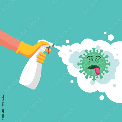 Man with gloves spray kills a virus bacterium vector illustration, Spraying antibacterial sanitizing spray. Prevention coronavirus