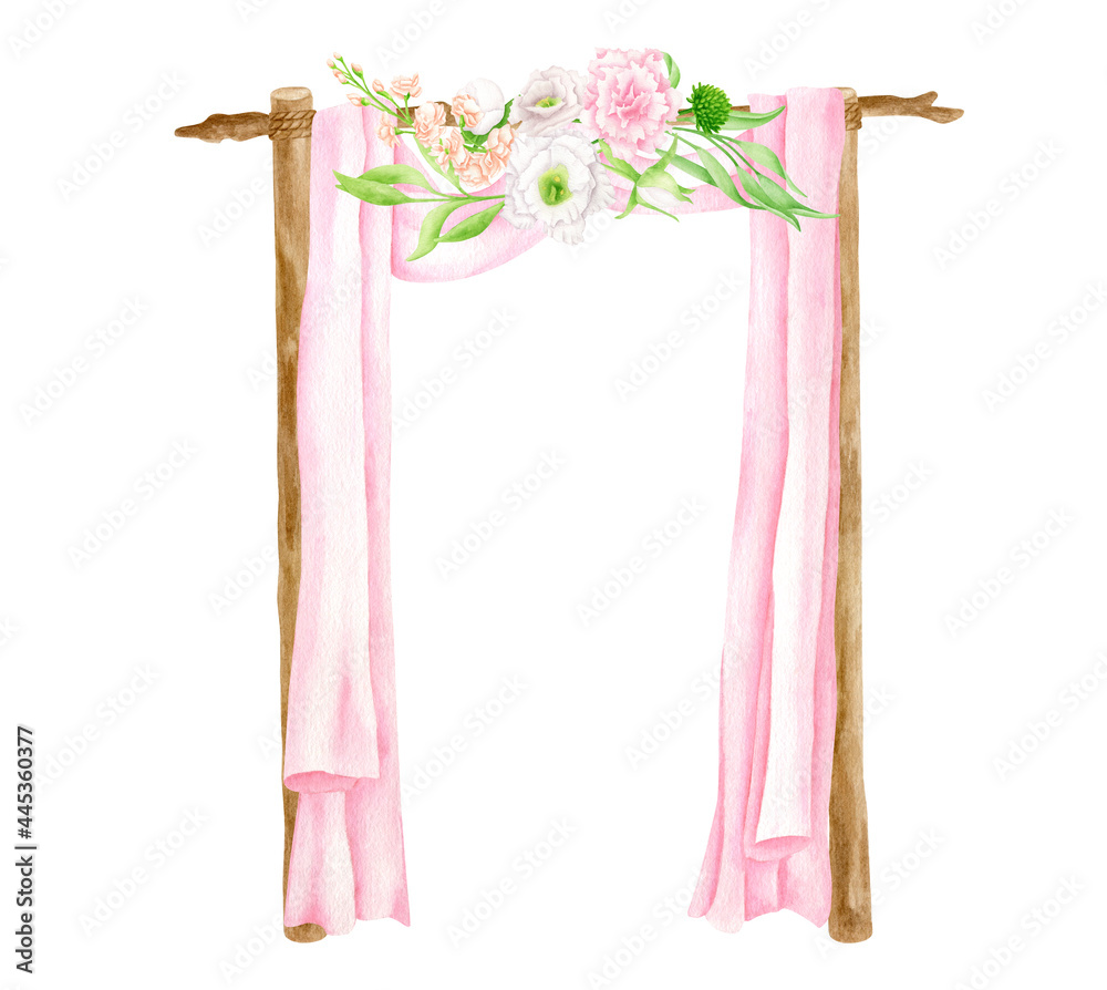 Fototapeta premium Watercolor square wedding arch with flowers. Hand drawn wood archway, pink veil curtains, blush floral arrangement isolated on white. Rustic wedding decoration, bohemian decor for invitation, save the