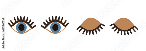 Flat blue eyes, two pairs of eyes. Eyes open wide and eyes closed