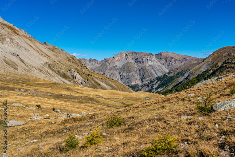 Landscape view of Col de la Cayolle pass and surrounding mountains in France