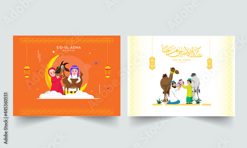 Eid-Ul-Adha Mubarak Poster Design With Muslim People Caressing Animals In Two Color Options.