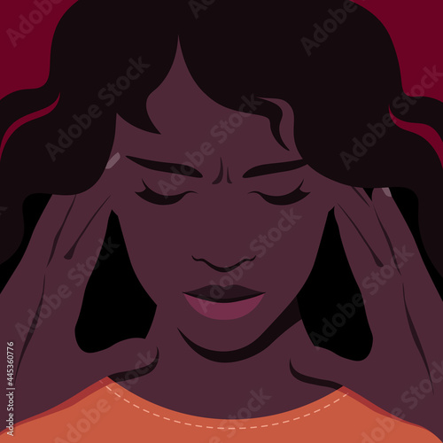 An African woman is suffering from headache and migraine. Overwork and overtime work. Symptom of influenza and other diseases. Stress. Vector flat illustration