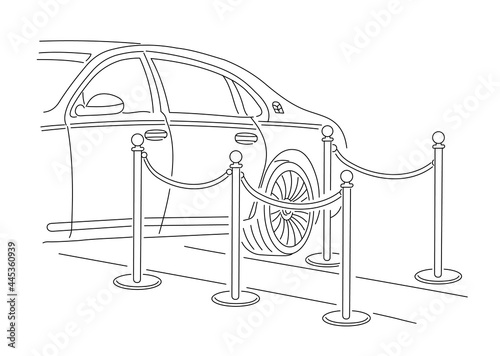 The limousine pulled up to the red carpet. The release of a movie or show business star. Vector linear illustration