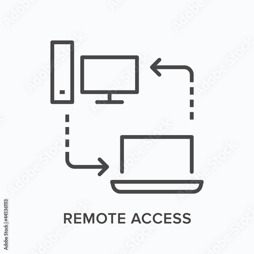 Remote access flat line icon. Vector outline illustration of computer, laptop and arrows. Black thin linear pictogram for online connection