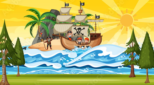 Beach at sunset time scene with pirate kids cartoon character on the ship