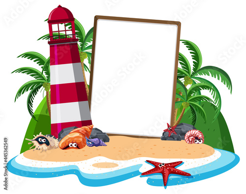 Blank banner template on the island with lighthouse isolated