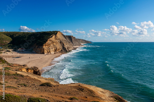 Scenic view of the Sao Juliao Beach (Praia de Sao Juliao) near the village of Ericeira, in Portugal.