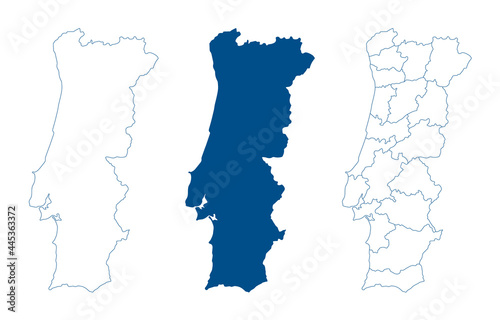 Portugal map vector. High detailed vector outline, blue silhouette and administrative divisions map of Portugal. All isolated on white background. Template for website, design, cover, infographics
