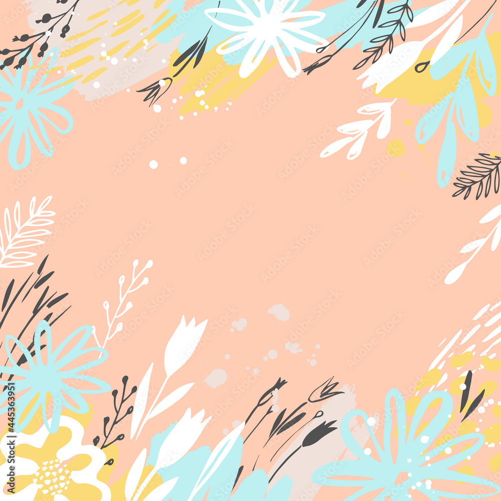 Vector background with hand painted plants in pastel colors. Greeting card, poster. Decorative floral design elements. Vector background with hand painted plants in pastel colors. Greeting card, poster. Decorative floral design elements.