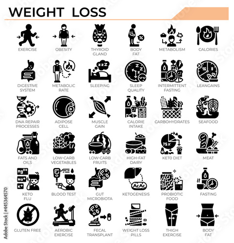 Weight loss and ketogenic diet icon set.