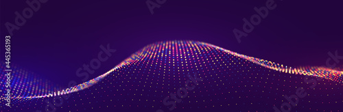 Dynamic blue and yellow particle wave. Abstract sound visualization. Flow digital structure. Mesh landscape or grid data technology.