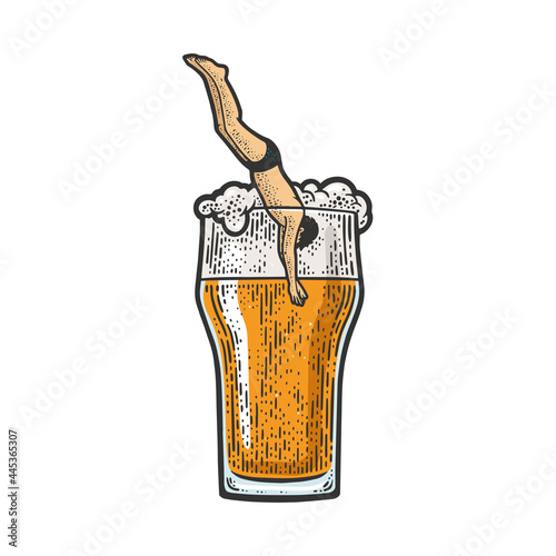 man dives into a glass of beer color line art sketch engraving vector illustration. T-shirt apparel print design. Scratch board imitation. Black and white hand drawn image.