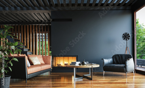 Modern dark home interior background, wall mock up, 3d render photo