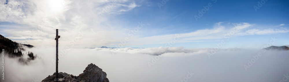Panorama view summit cross Taubenstein mountain in Bavaria, Germany