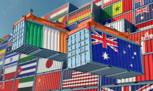 Freight containers with Ireland and Australia flag. 3D Rendering 