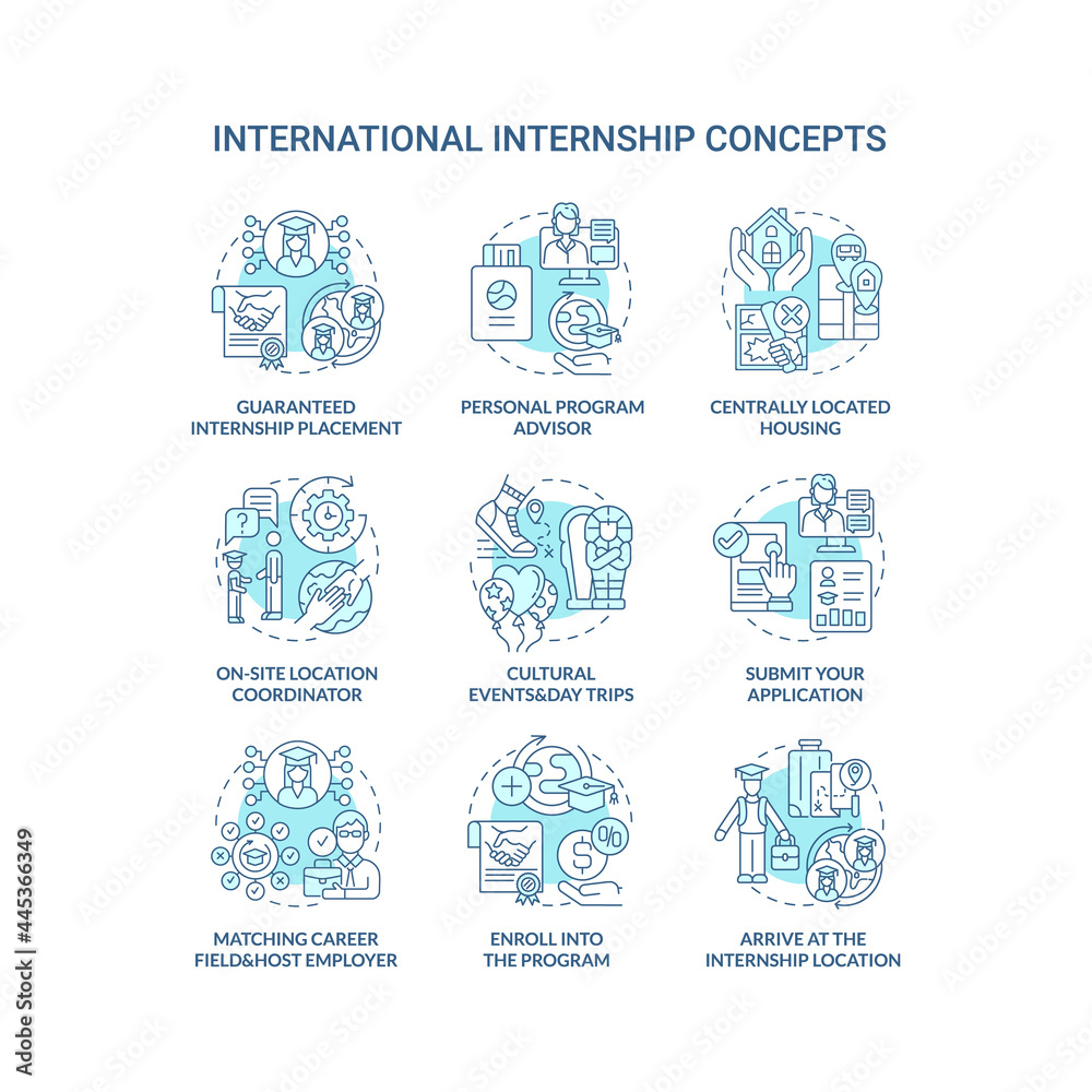 International internship concept icons set. Abroad work opportunity idea thin line color illustrations. Submit application. Personal program advisor. Vector isolated outline drawings. Editable stroke