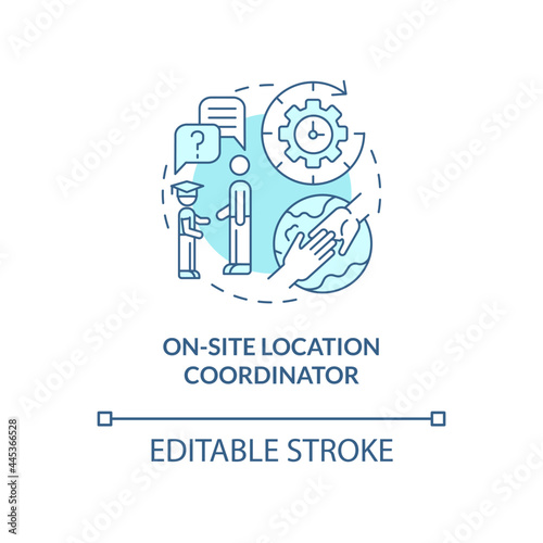 On-site location coordinator concept icon. Internship program abstract idea thin line illustration. Leading and support program participants. Vector isolated outline color drawing. Editable stroke
