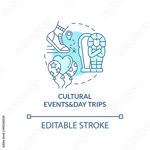 Cultural events and day trips concept icon. Internship program abstract idea thin line illustration. Providing travel excursions, social events. Vector isolated outline color drawing. Editable stroke